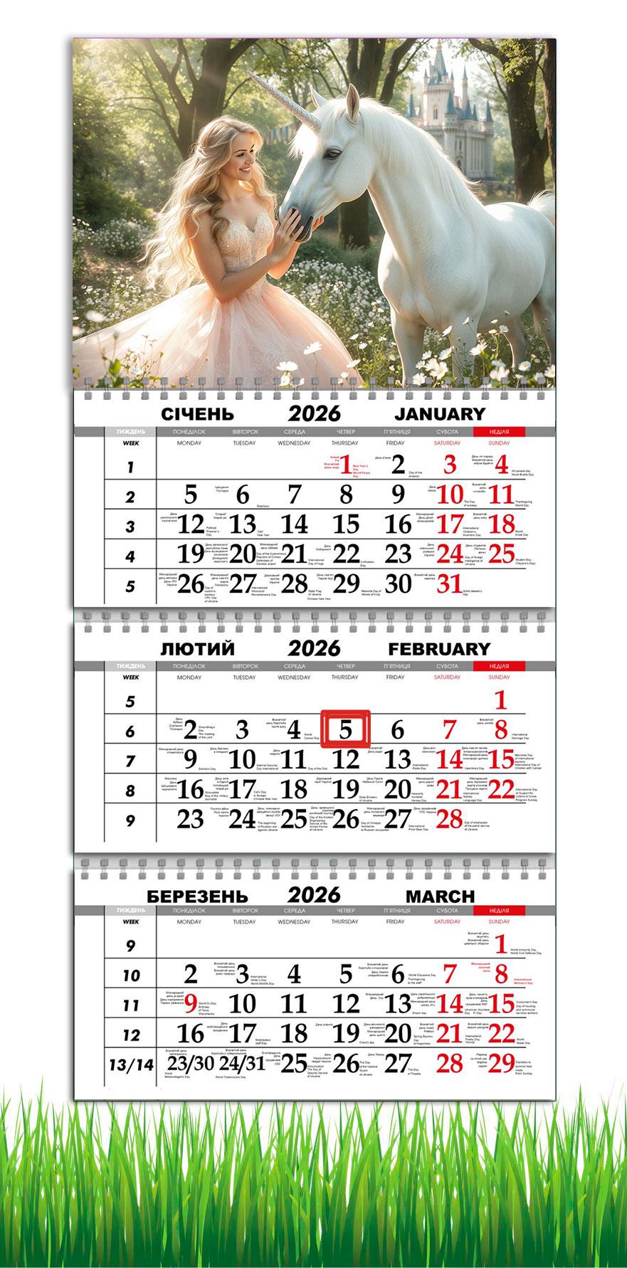 Календарь настенный квартальный на 2026 год APRIORI Символ года Лошадь на 3 пружины 30х61 см (UA4024)