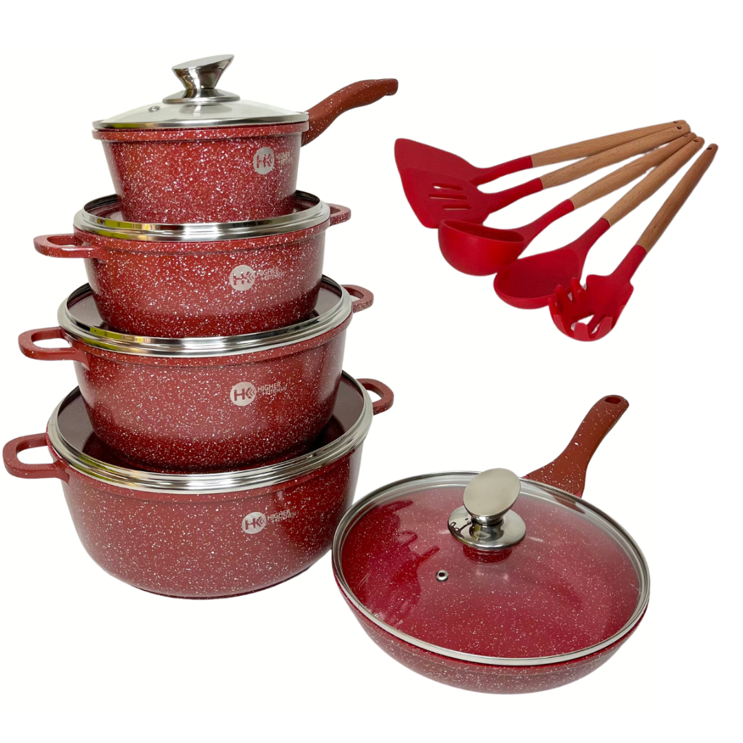 Набір посуду Higher Kitchen HK-305 з гранітним антипригарним покриттям 17 предметів Червоний Набір посуду Higher Kitchen HK-305 з гранітним антипригарним покриттям 17 предметів Червоний