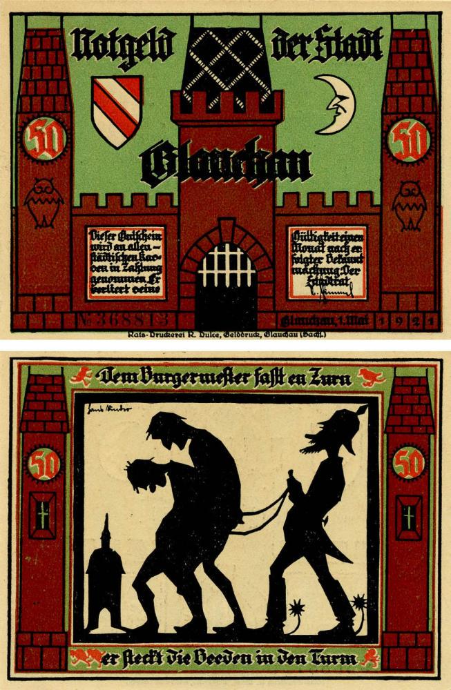 Коллекционная банкнота Германия Нотгельд 50 пфеннигов 1921 F-VF Глаухау Разновидность 5 (Б18825)