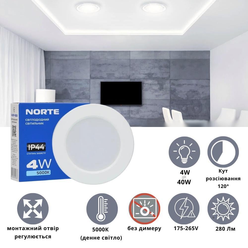 Точковий світильник NORTE Downlight 1-NDP-1600 5000K 4W ІР44 - фото 2 Точковий світильник NORTE Downlight 1-NDP-1600 5000K 4W ІР44 - фото 2