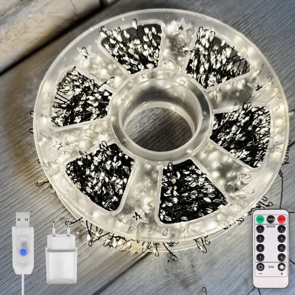 Гирлянда светодиодная мишура Роса 50 м с пультом 1500 LED от USB и сети 220V 8 режимов Белый