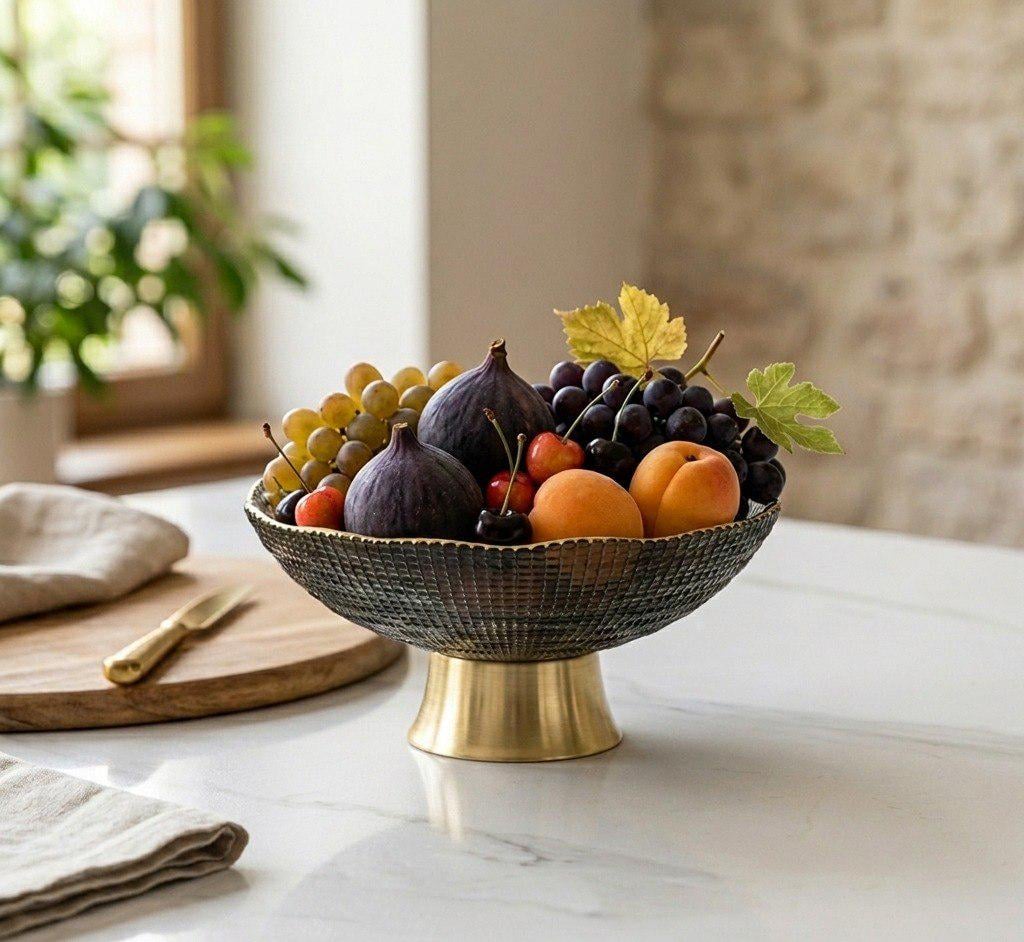 Тарілка для фруктів скляна з металевою ніжкою