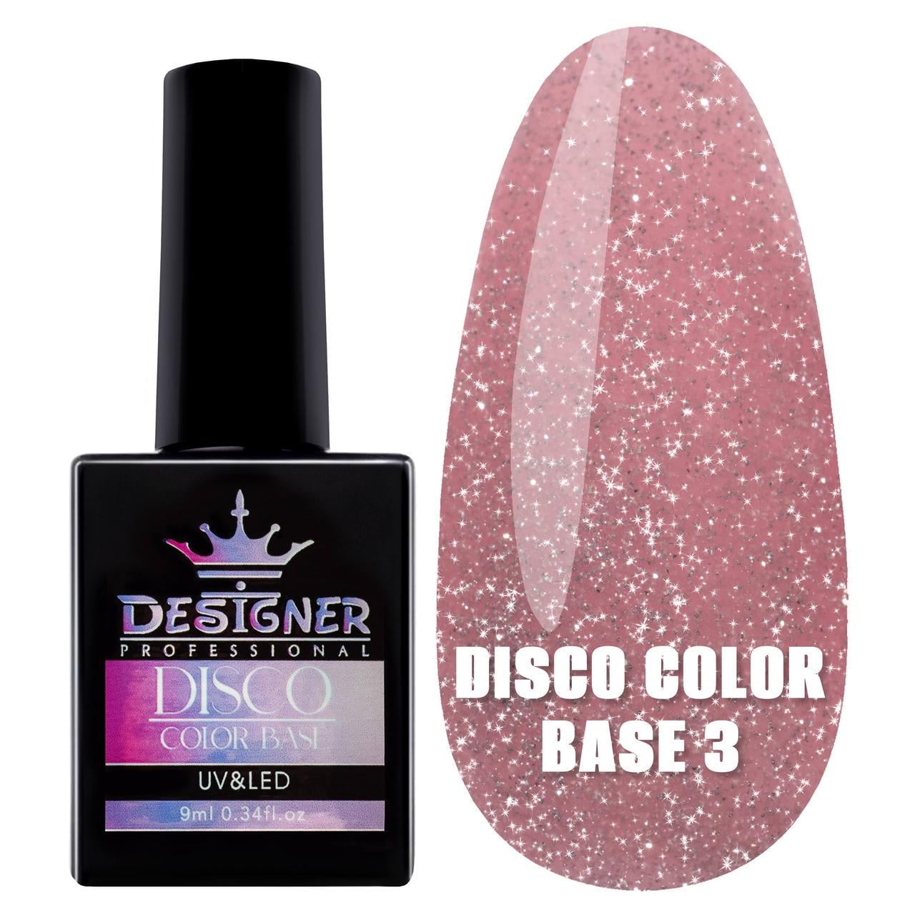 Каучуковая база Disco Color Base Дизайнер для ногтей со светоотражающими частицами 9 мл Темно-розовый №3