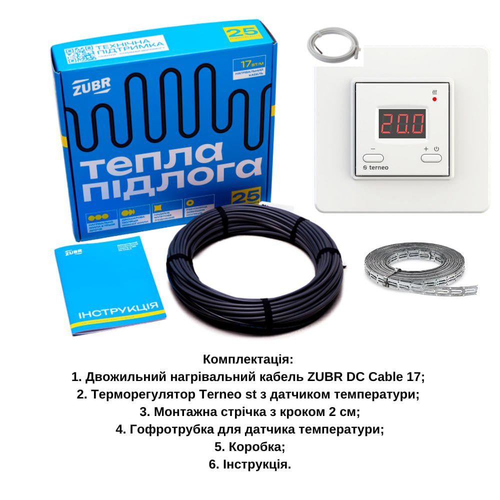 Нагревательный кабель ZUBR DC Cable 1-1,3 м² с терморегулятором Terneo st и монтажной лентой (10699075) - фото 2