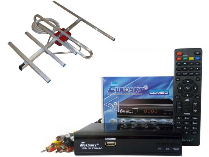 Комплект DVB-S2/T2 тюнер комбинированный Eurosky ES-19 Combo/антенна комнатная с усилителем A-sus 0,3