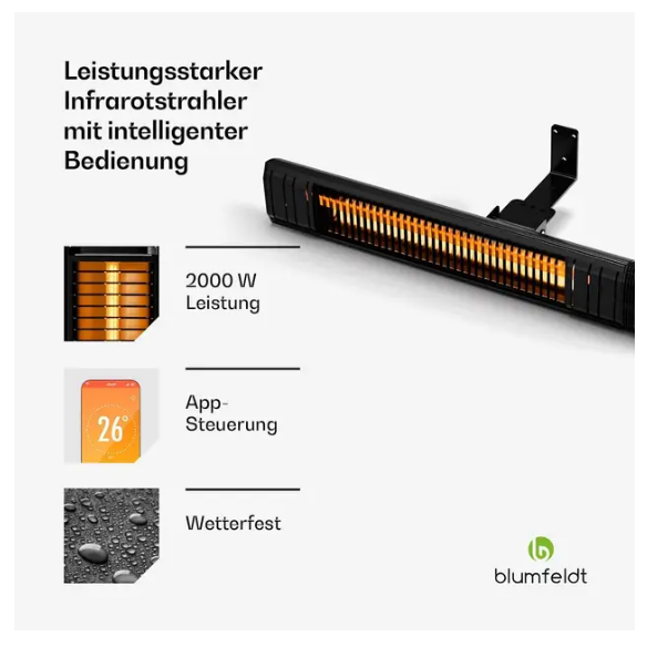 Інфрачервоний обігрівач Blumfeldt Gold Bar Slim розумний терасний/для дому 2000 Вт (10046346) - фото 4 Інфрачервоний обігрівач Blumfeldt Gold Bar Slim розумний терасний/для дому 2000 Вт (10046346) - фото 4