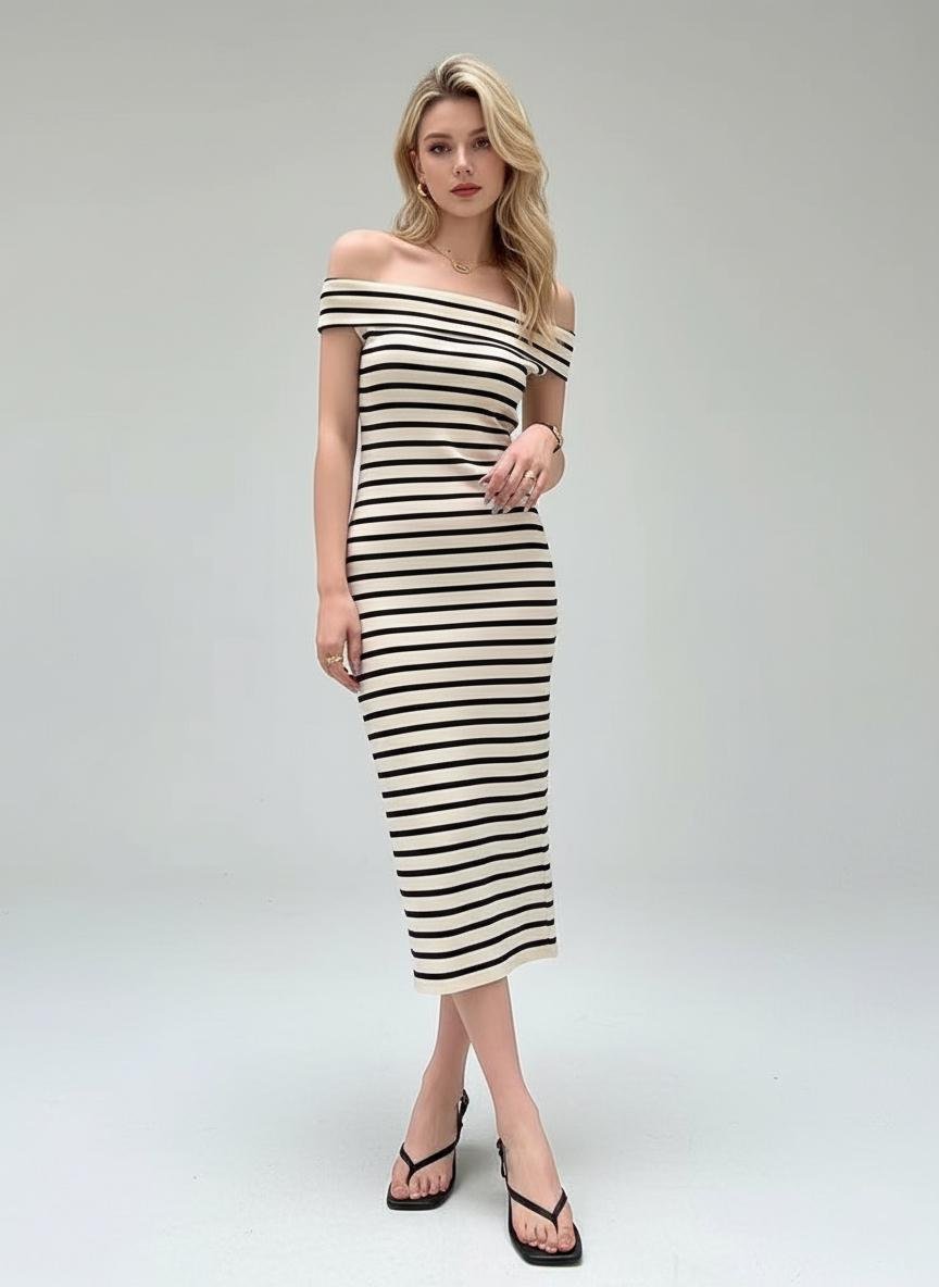 Платье миди летнее полосатое с открытыми плечами M (JH-25)