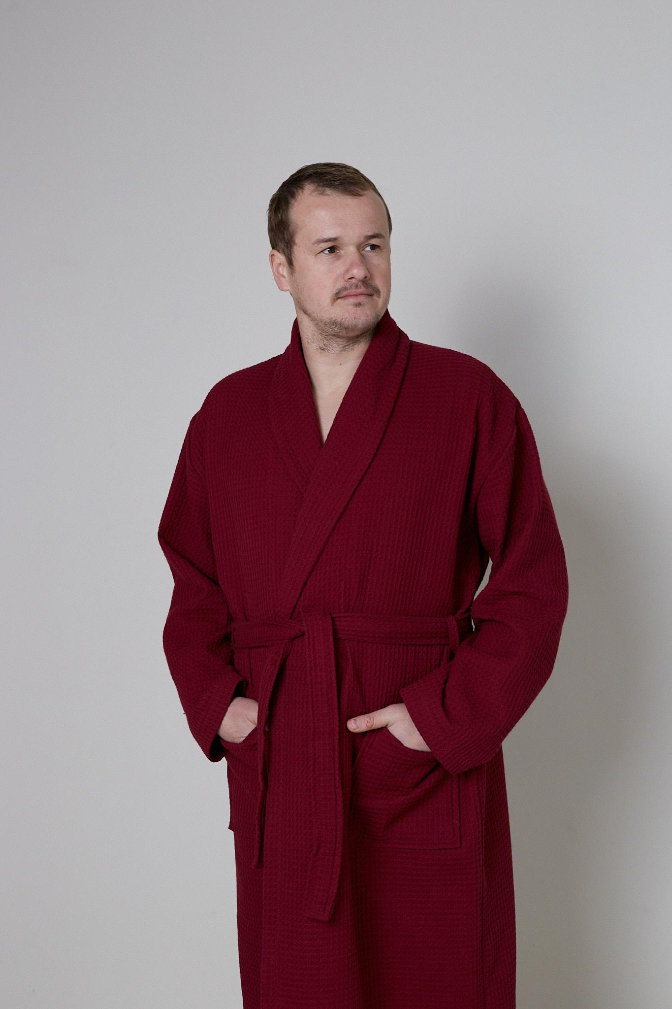 Халат вафельный мужской 100% хлопок 3XL Бордовый - фото 2