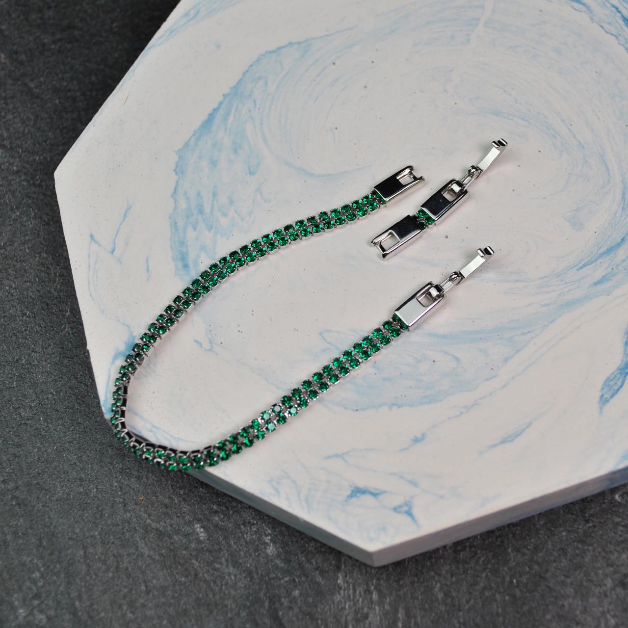 Браслет доріжка кристальна подвійна медична сталь родій Зелений (x203-1) - фото 4