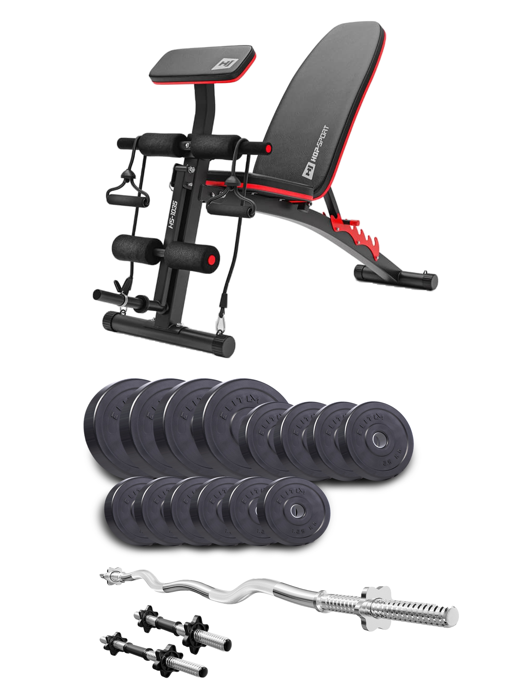 Набір Elitum Titan 46 кг з лавою HS-1035, штангой та гантелями