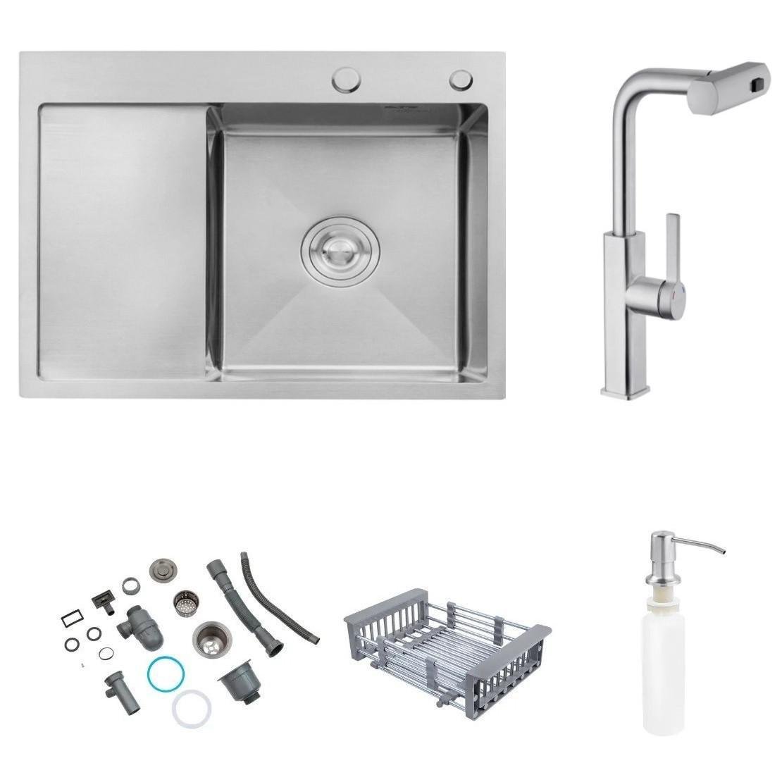 Мийка кухонна Kroner-6350RHM 3,0/1,0 мм ліва та змішувач для кухні з висувним виливом Kroner-ESG03918