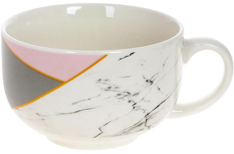 Чашка фарфоровая Мрамор 500 мл Белый с розовым/серым