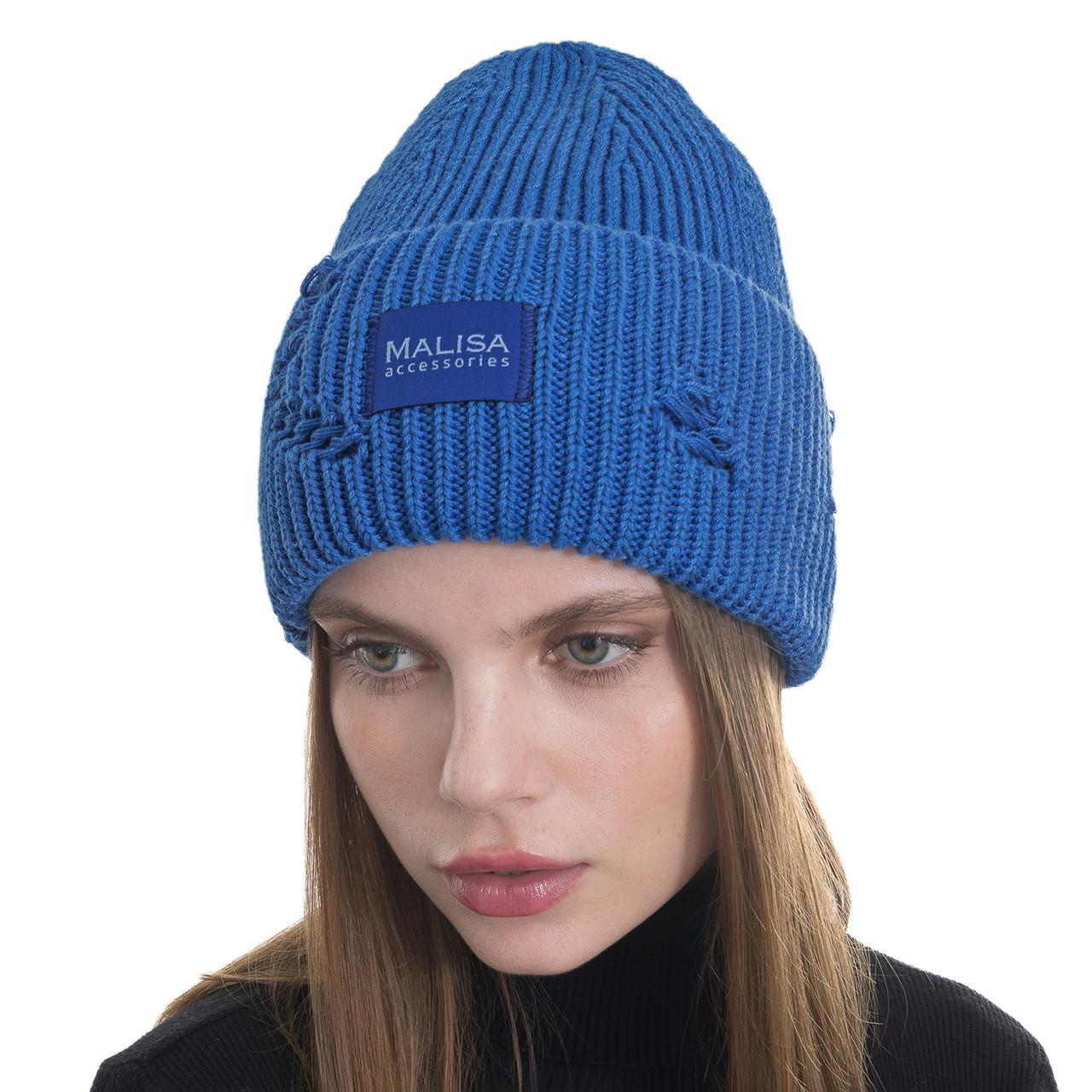 Шапка женская Malisa БРУНО без подкладки рваная с эмблемой на отвороте one size Ультрамарин (253339) - фото 1
