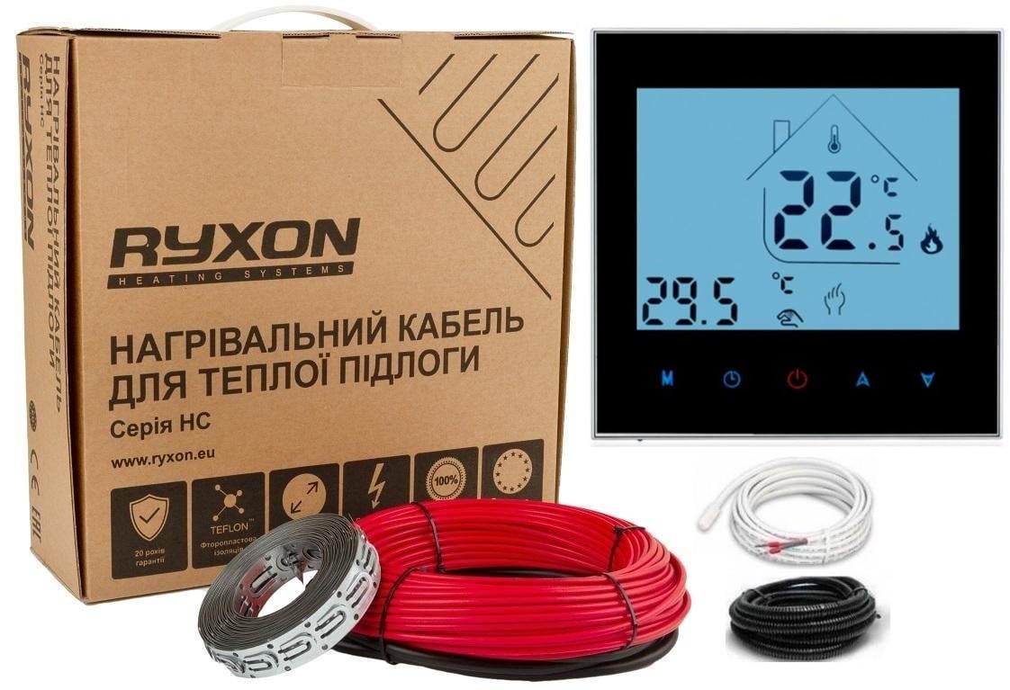 Кабель нагревательный RYXON 11 м²-13,2 м²/2200 Вт/100 м с программируемым черным терморегулятором AC605H