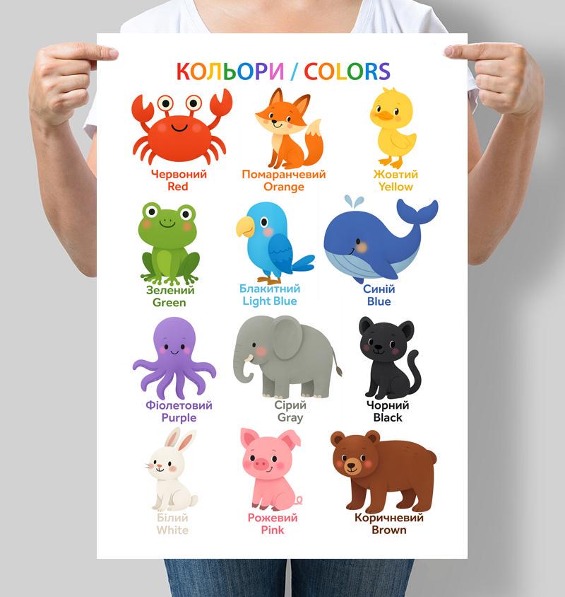 Постер навчальний для дитсадка Кольори з тваринами 42x60 см A2 без рамки (D232_A2)