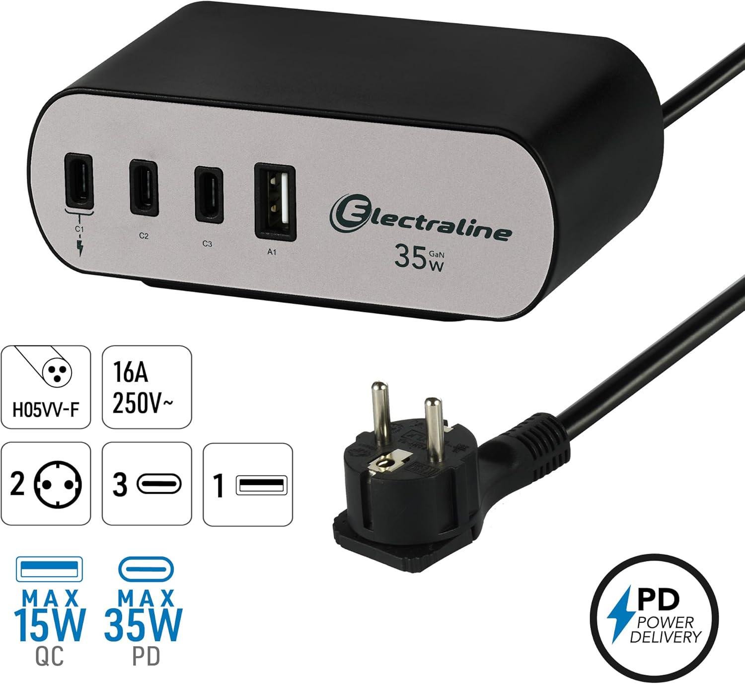 Зарядний блок із фіксатором Electraline Schuko 2 розетки 3хUSB-C PD 35 Вт /1хUSB-A 2 м Алюміній/Чорний - фото 10