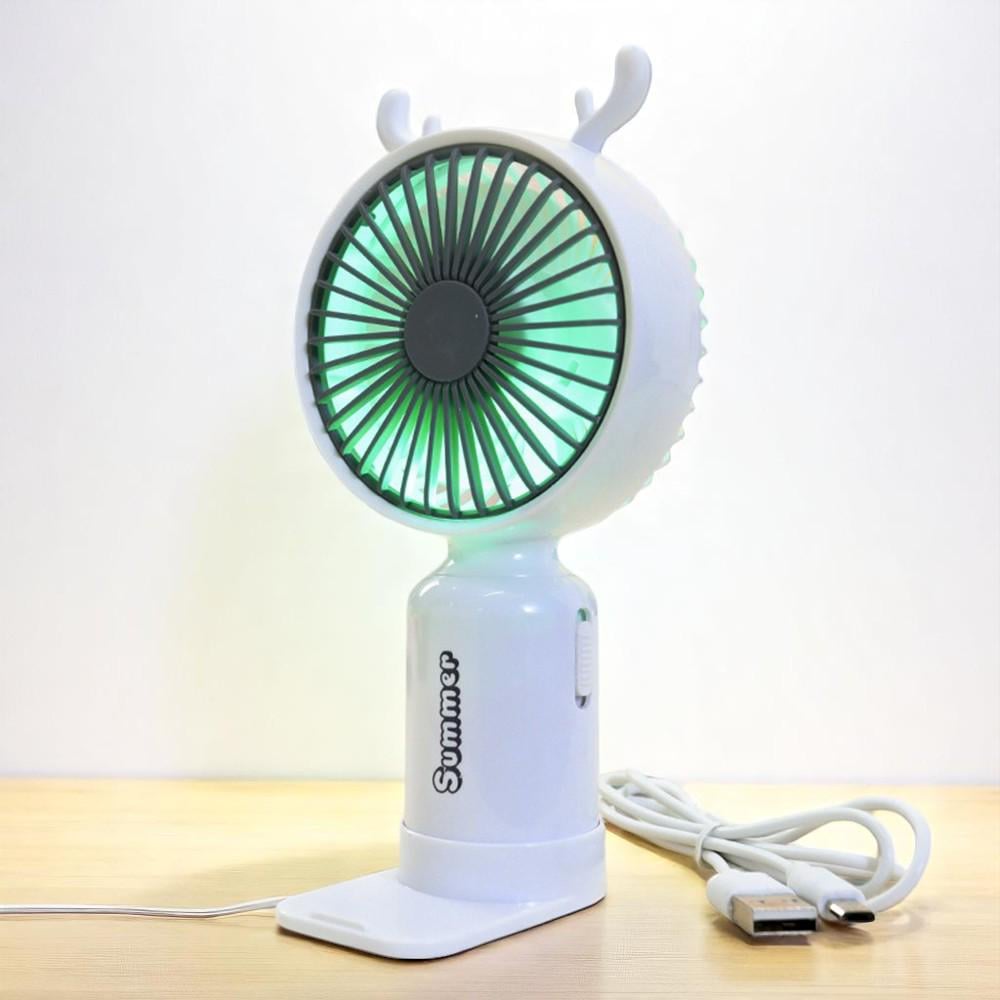 Портативный вентилятор с рожками Олень на аккумуляторе и USB Белый