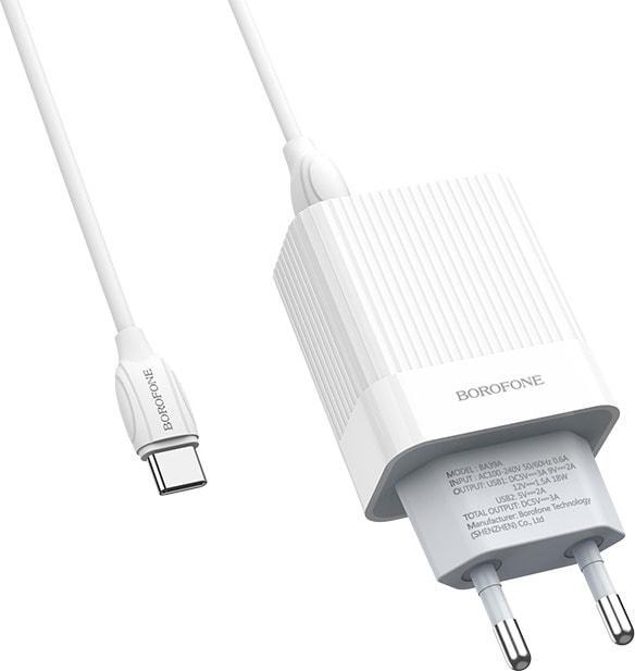 Пристрій зарядний Borofone BA39A QC3.0 2 USB 3A кабель Type-C 18W White (36714)