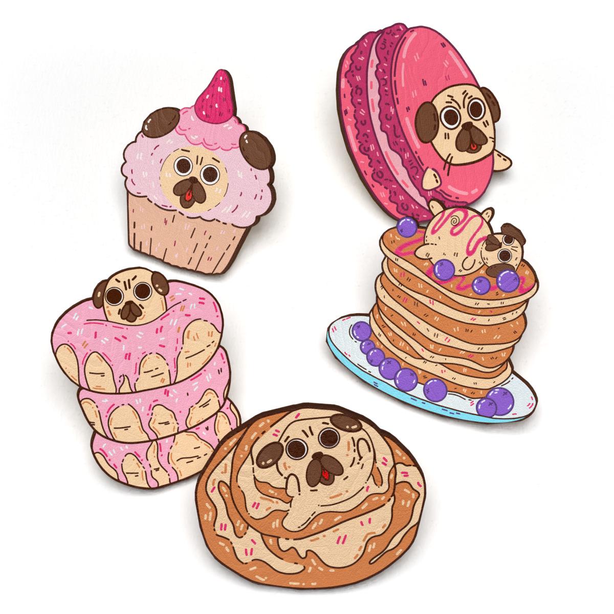 Набор значков Lex Altern Сладости-мопсы из дерева 5 шт.