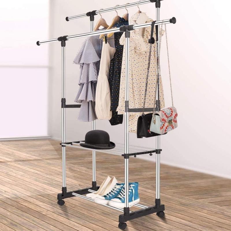 Стійка для одягу та взуття Clothes Rack Double JL-032 телескопічна подвійна Чорний (SS-10) - фото 2