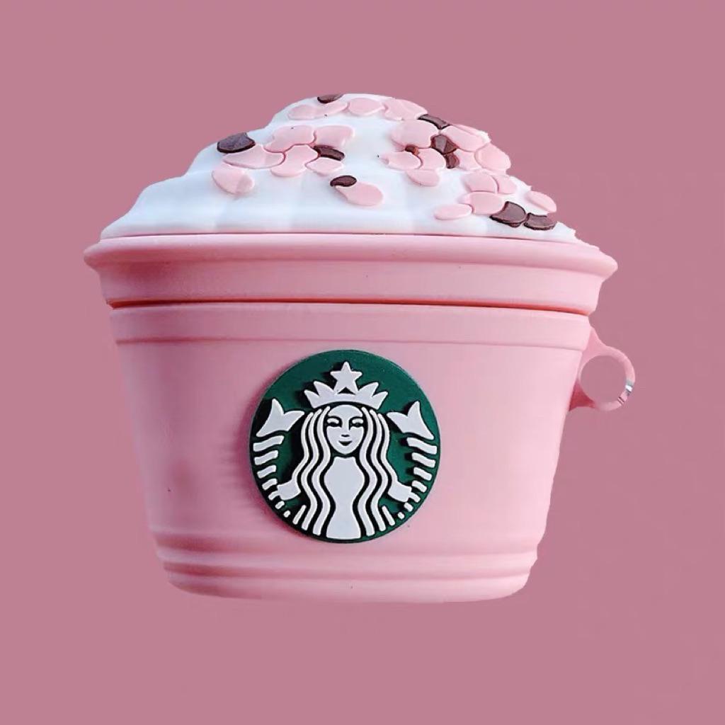 Силиконовый 3D чехол для Apple Airpods Pro + брелок Мороженое Starbucks Розовый