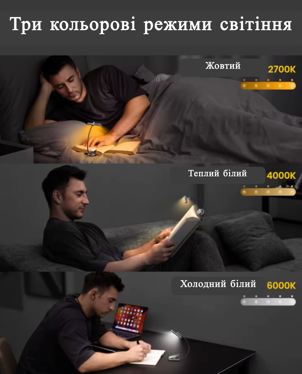 Лампа акумуляторна Glocusent A24 22 LED гнучка Clip ніжка з прищіпкою для читання книг Grey (2120634) - фото 3