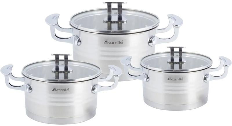 Набір каструль Kamille Casserote із нержавіючої сталі зі скляними кришками 1,7/2,4 /3,1 л