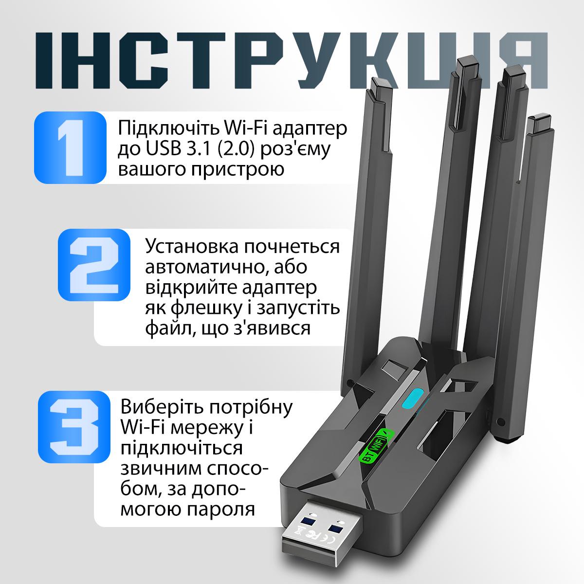 Адаптер Bluetooth Wi-Fi 5 ГГц USB 3.0 дводіапазонний Wi-Fi ресивер 2.4G/5G (29369) - фото 2 Адаптер Bluetooth Wi-Fi 5 ГГц USB 3.0 дводіапазонний Wi-Fi ресивер 2.4G/5G (29369) - фото 2