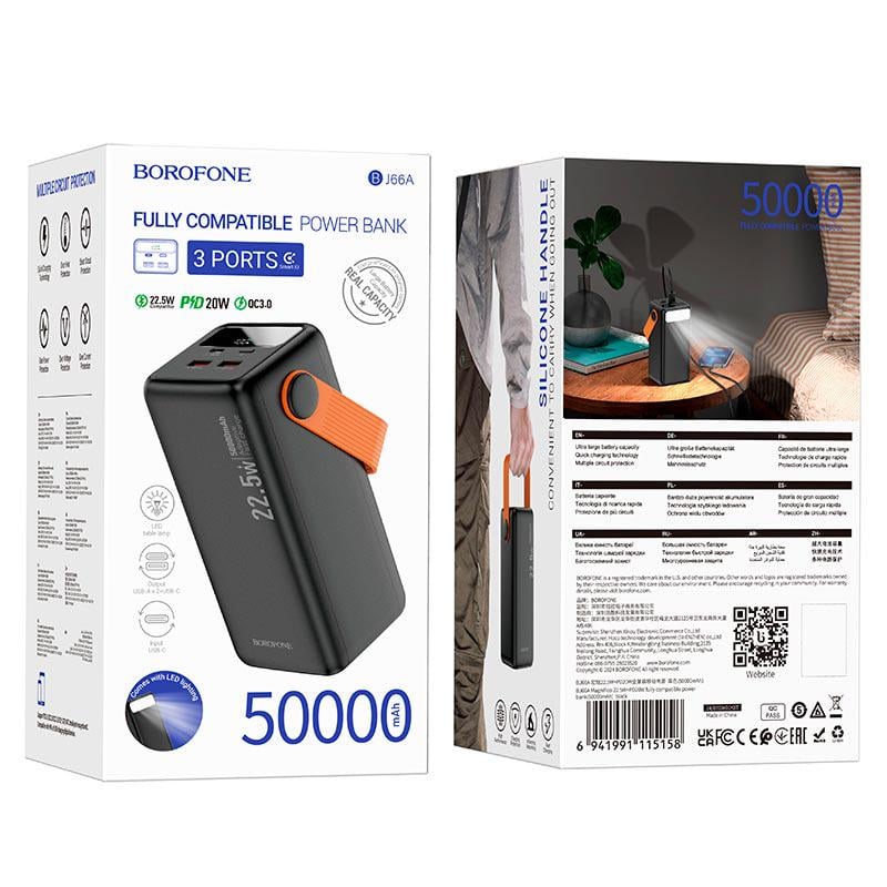 Павербанк 50000 mAh с быстрой зарядкой Borofone BJ66A с фонарем 2USB/Type-C PD/QC 22,5W LED-дисплей Черный - фото 8