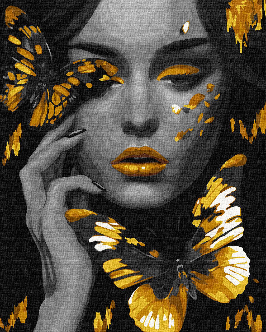 Набір для розпису по номерах Ideyka Дівчина із золотими метеликами КНО8307 з фарбами металік extra 40x50 см (MTT-169210)