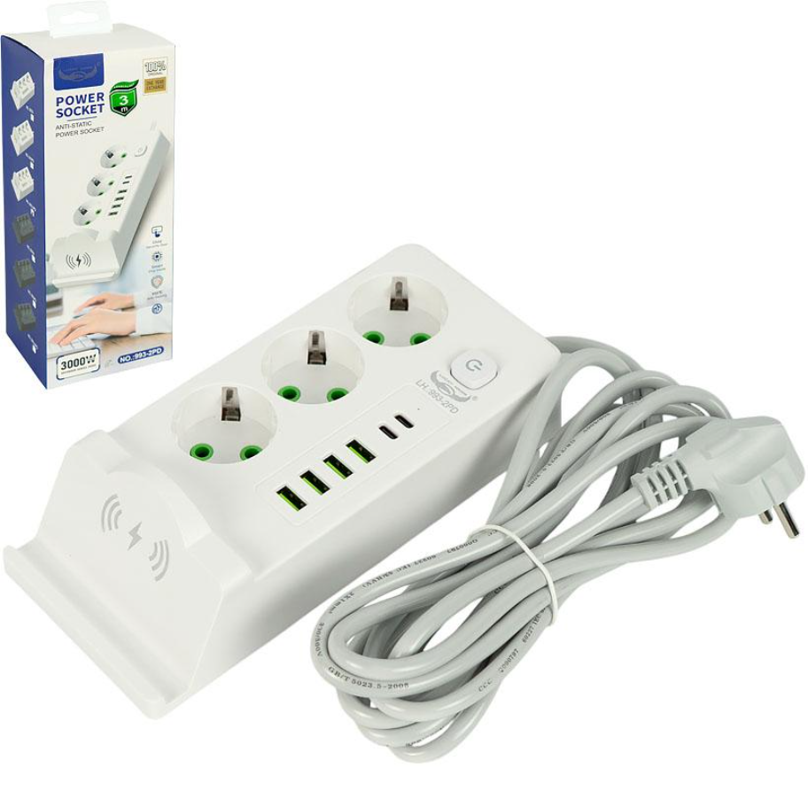 Мережевий фільтр 993-2PD 4 USB/2Type-C/Qi 3000W 481 3×3,0 м (2785657776)