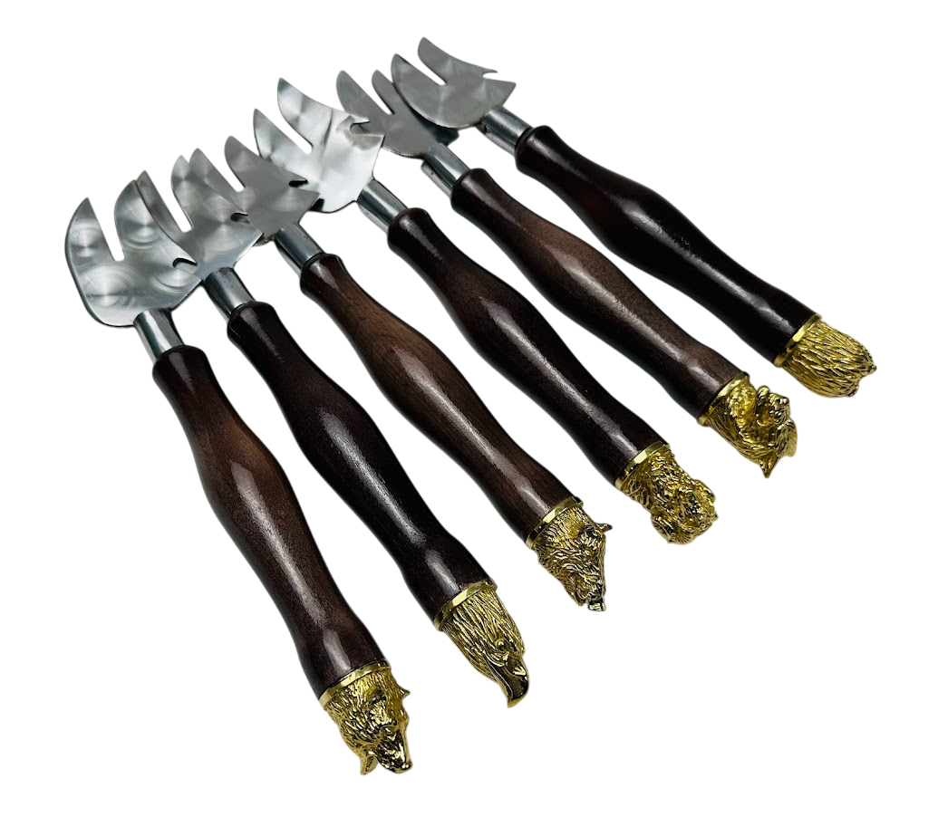 Набор вилок Сафари 3 мм с деревянными ручками, декорированными латунными головами зверей 6 шт. Венге (124-10-SH-3125)