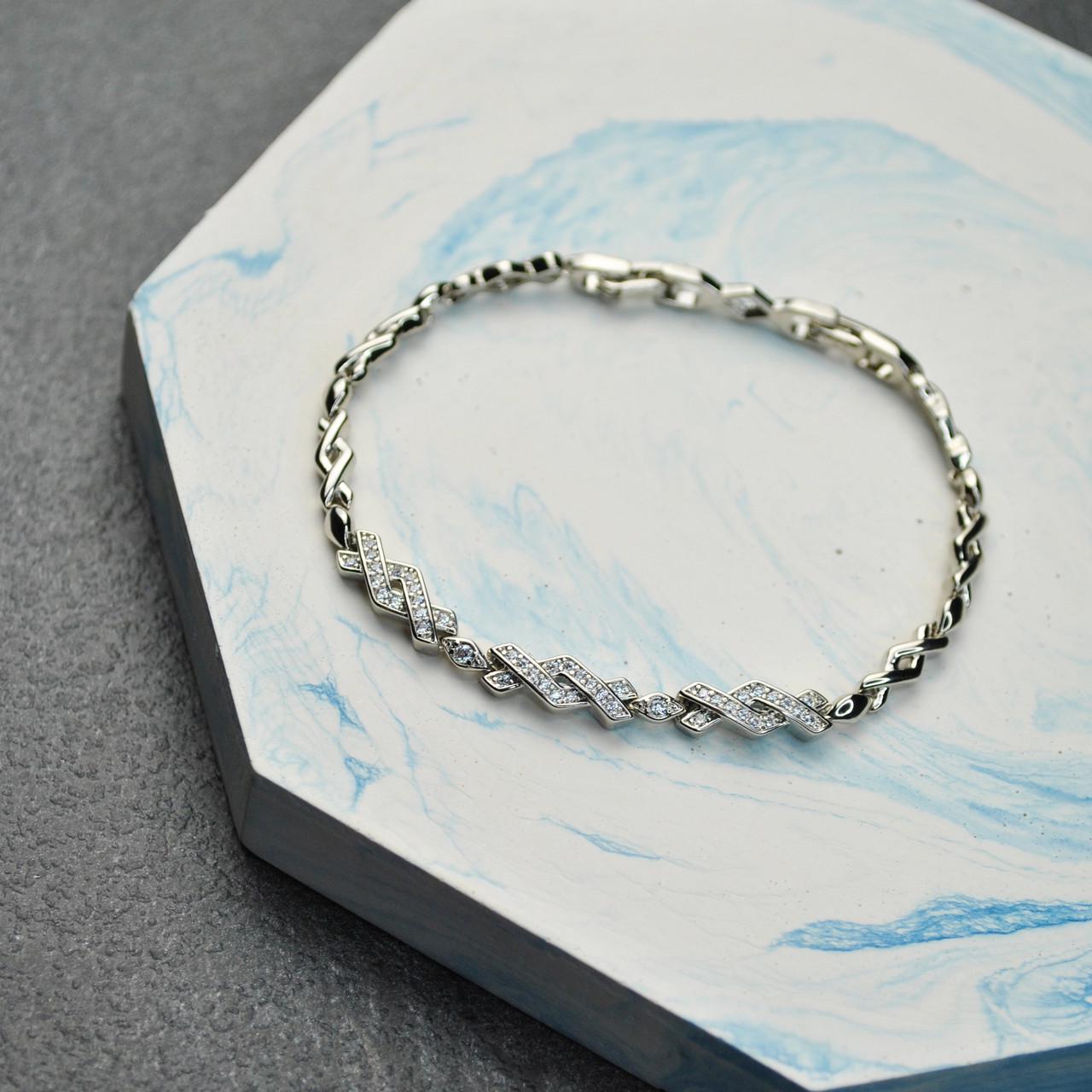 Браслет с узором из фианитов медицинская сталь родий (x073)