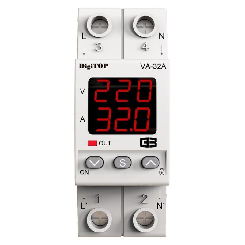 Реле напряжения с контролем тока Digitop VA-32A M2R на din рейку
