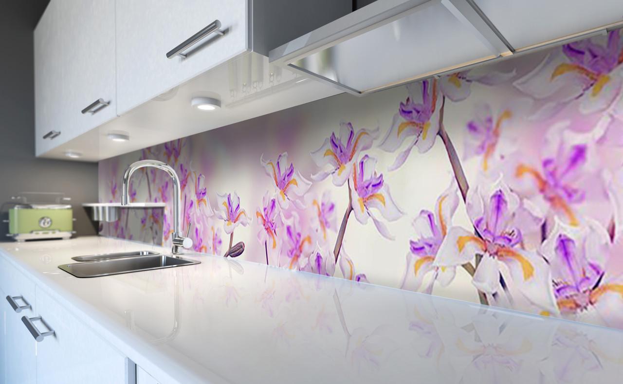 Кухонный фартук Дикие ирисы необычные цветы из самоклеющейся виниловой пленки 65х250 см Фиолетовый