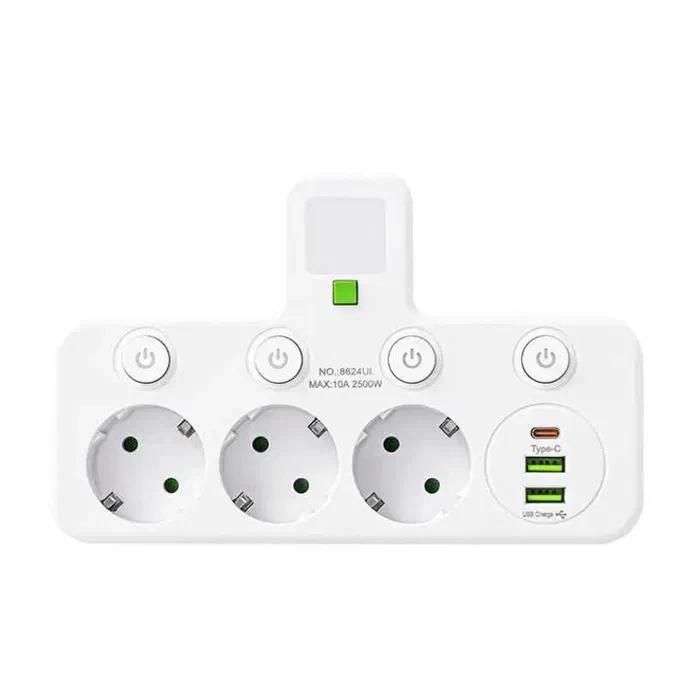 Сетевой разветвитель с ночником 3 розетки/USB и Type-C Белый (1003)