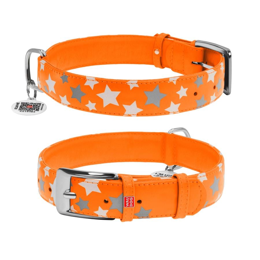 Нашийник для собак з QR-паспортом Waudog Glamour Зірочка шкіряний світиться/світловідбиваючий XL 35 мм 46-60 см Orange (35884) - фото 1 Нашийник для собак з QR-паспортом Waudog Glamour Зірочка шкіряний світиться/світловідбиваючий XL 35 мм 46-60 см Orange (35884) - фото 1