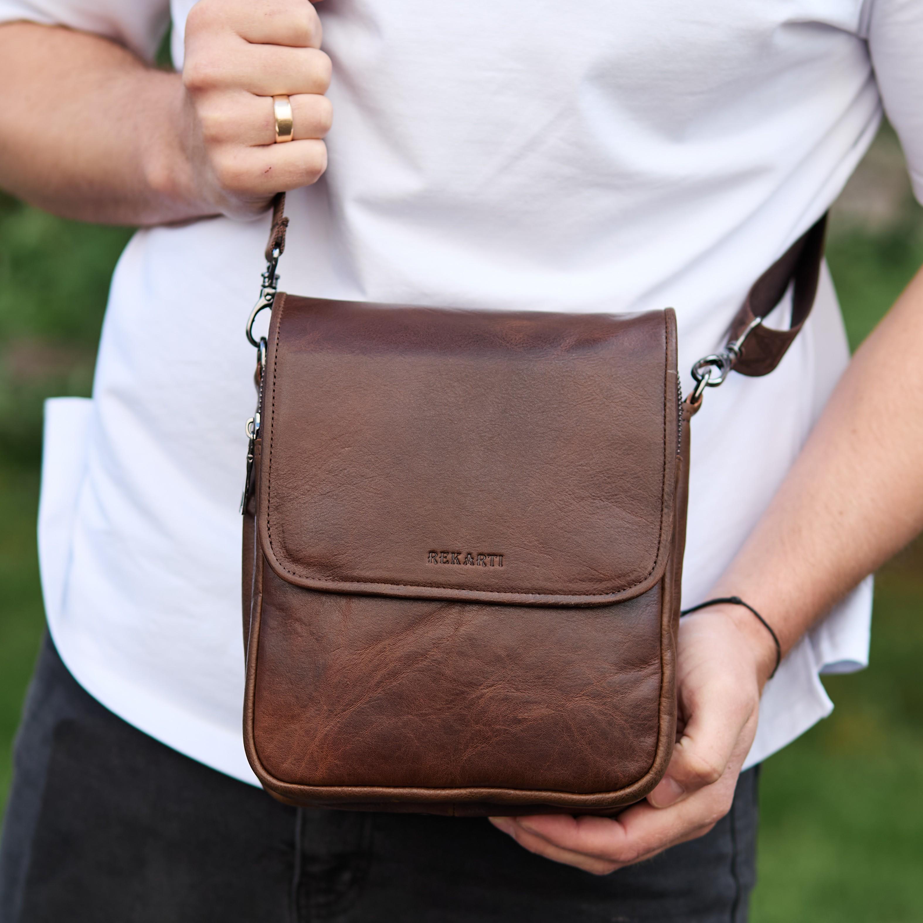 Мужская сумка через плечо с клапаном Tiding Bag из натуральной кожи 24х20х6 см Коричневый