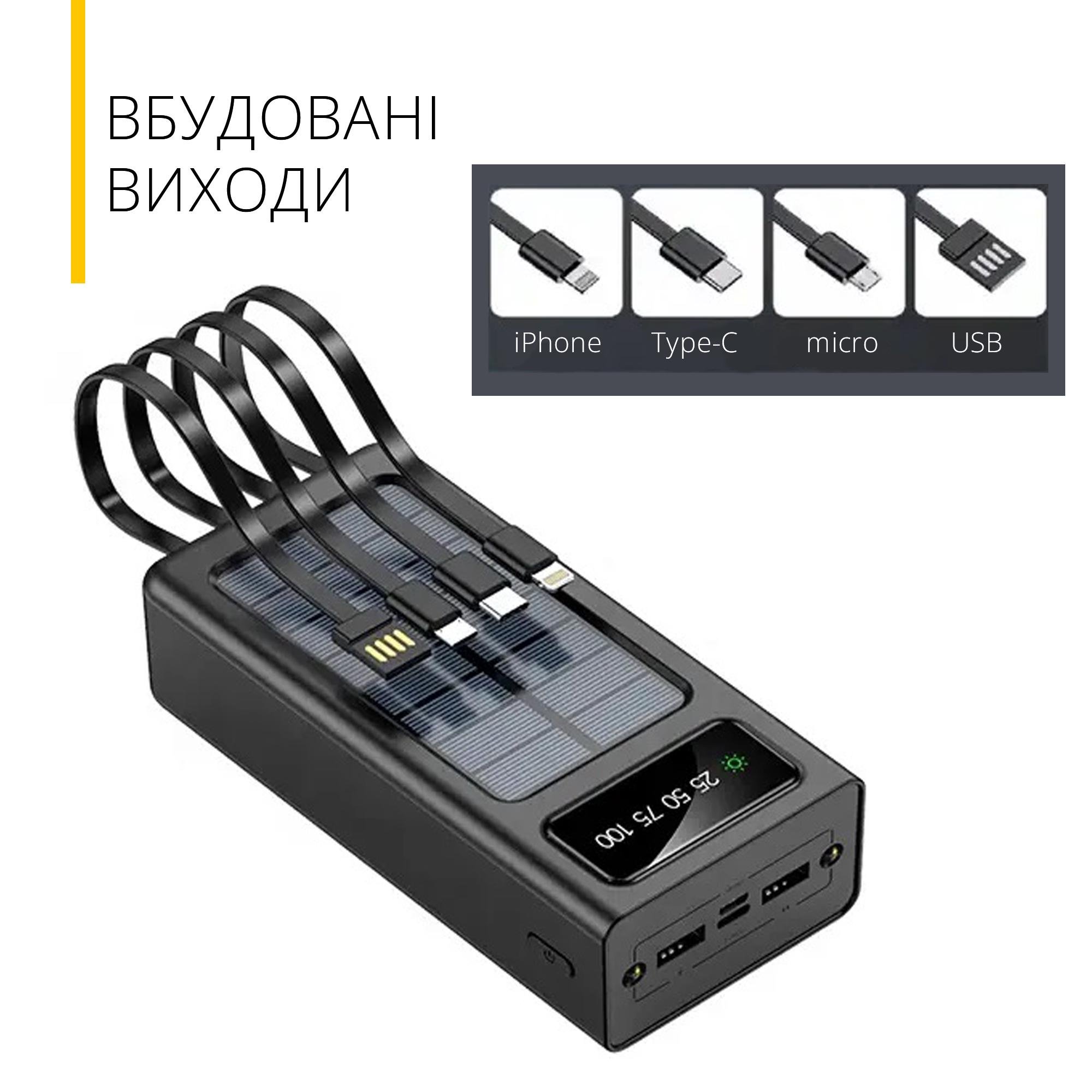 Зовнішній портативний акумулятор 30000 mAh із сонячною батареєю та вбудованими перехідниками на 5 виходів Чорний (00088) - фото 3