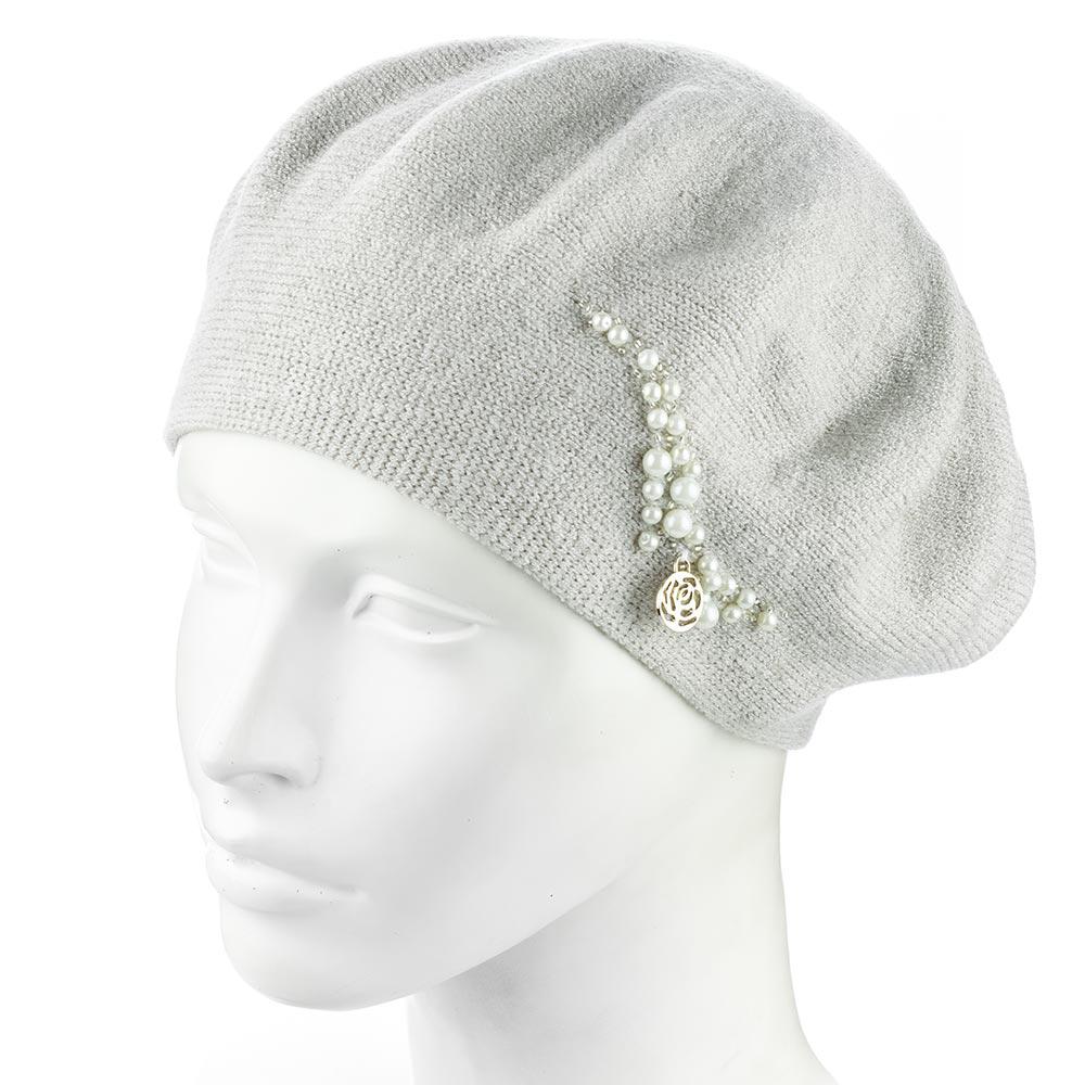 Берет женский двойной ZOLLY ZH260 с бусинами вискоза универсальный Светло-серый (295091)