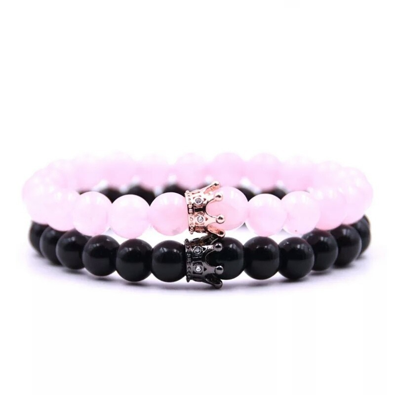 Браслети парні з агату та рожевого кварцу з коронами р. 15 (70019)