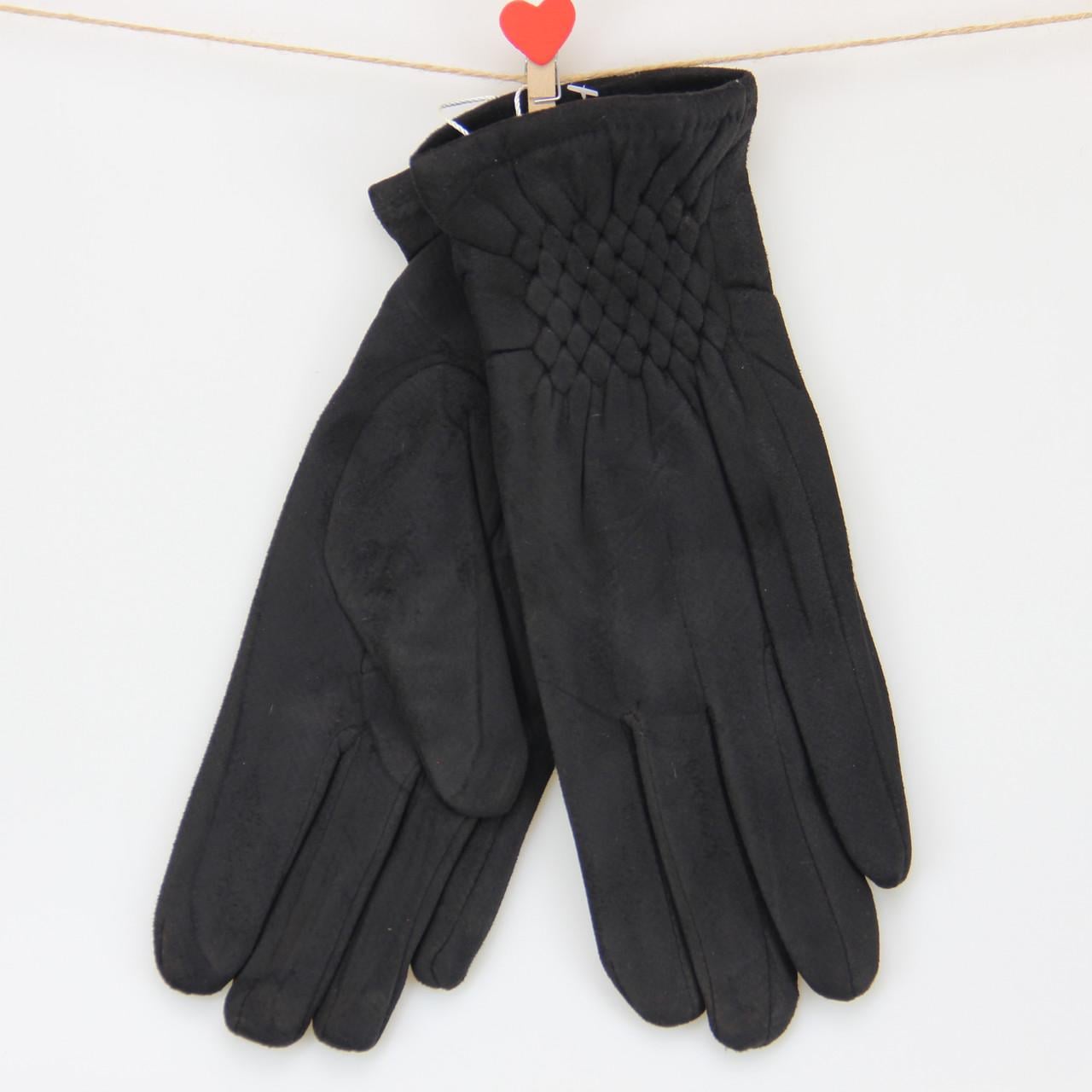 Перчатки женские шитые велюровые с мехом с резиновой вставкой S-M Черный (31249)