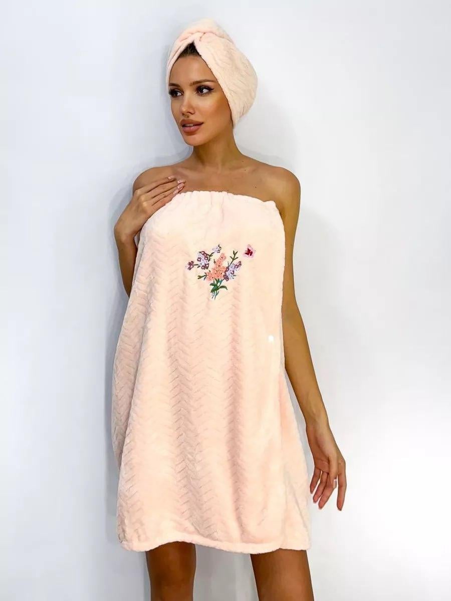 Сукня рушник для сауни набір 2в1 мікрофібра 80х140 Ніжно-рожевий (П4К-saunew-008)