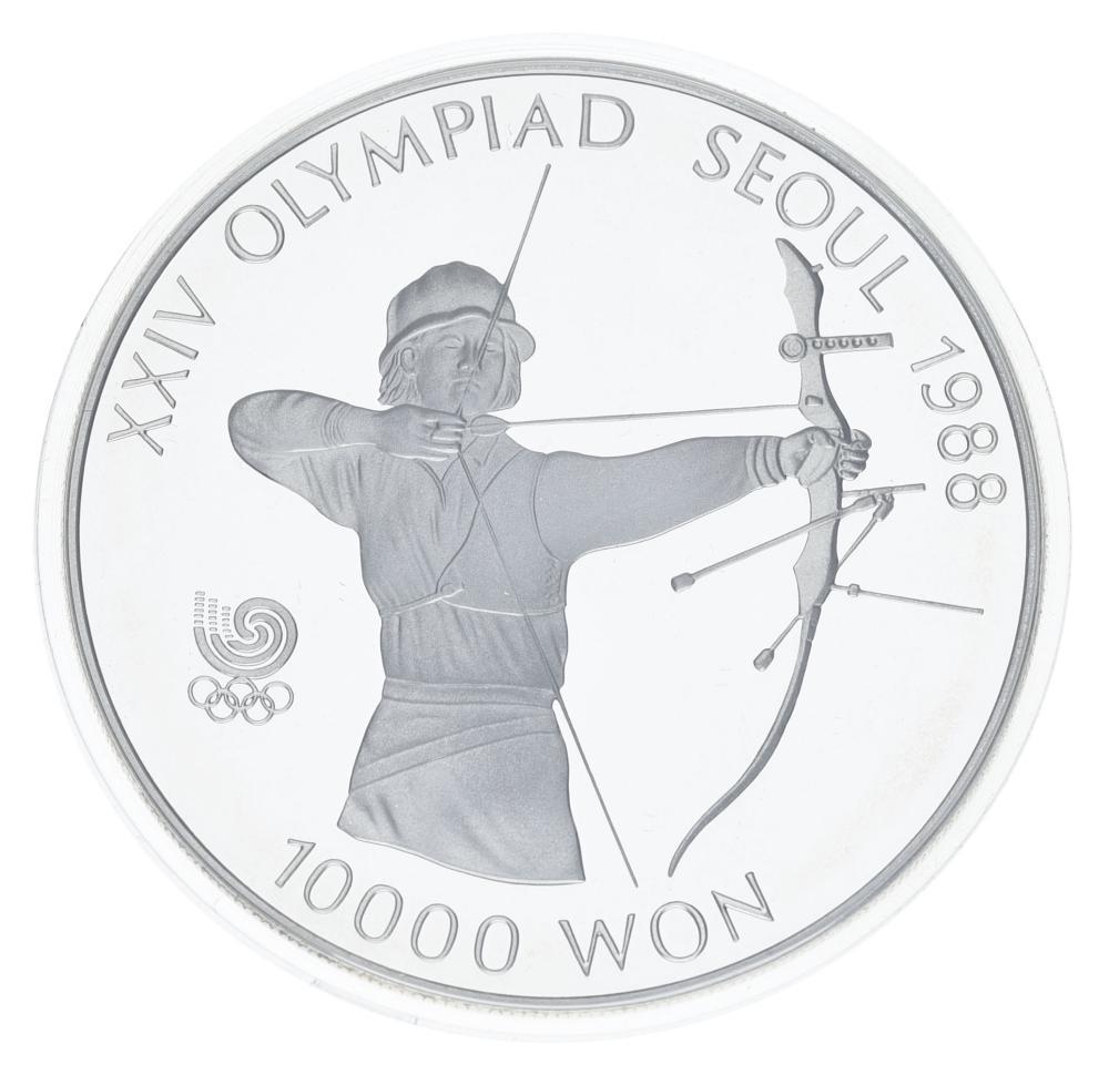 Коллекционная монета Южная Корея 10000 вон 1987 Серебро Proof XXIV летние Олимпийские игры в р. Сеул 1988-Стрельба из лука (М23333)