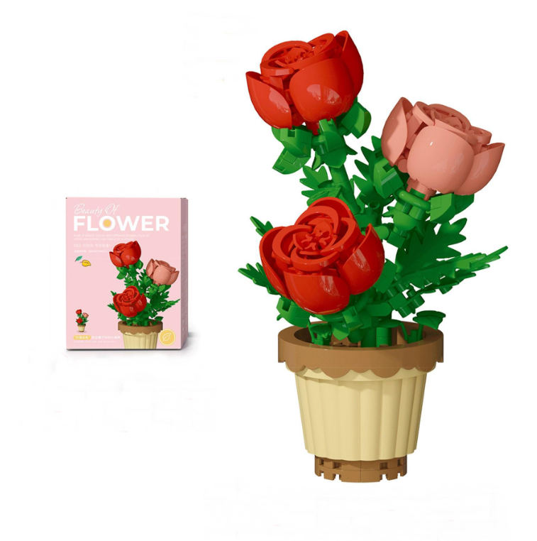 Конструктор блоковий дитячий фігурка Квіти Троянди у вазоні 204 деталі (7227)