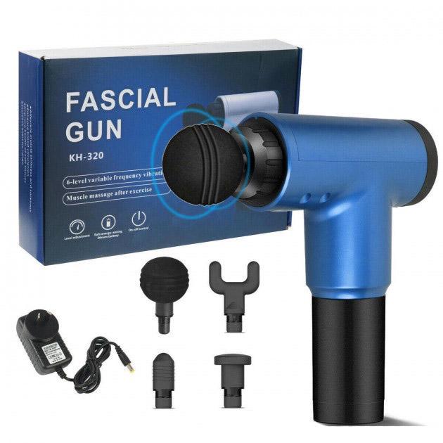 Масажер акумуляторний ручний ударний Fascial Gun KH-320 4 насадки Синій