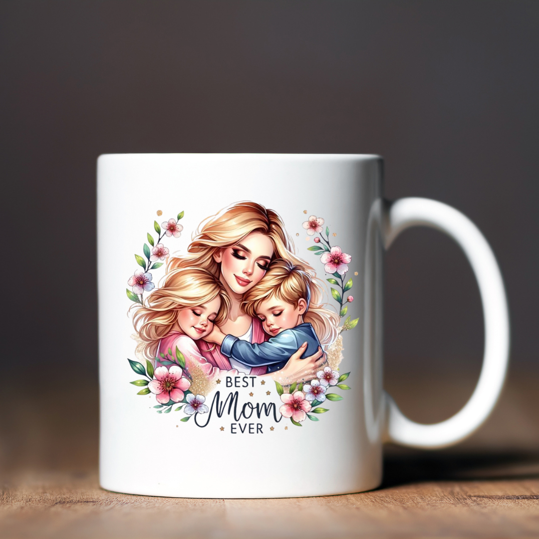 Чашка керамічна глянцева Мама з дітками 330 мл Білий (001510)