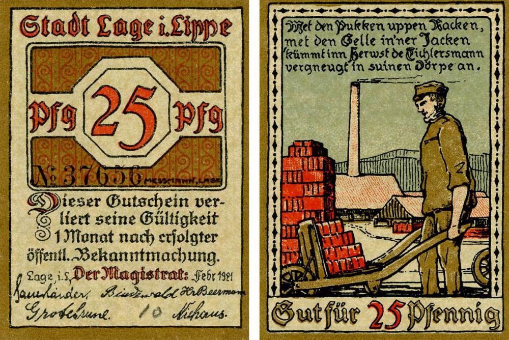 Коллекционная банкнота Германия Нотгельд 25 пфеннигов 1921 F-VF Лаге (Б18607)