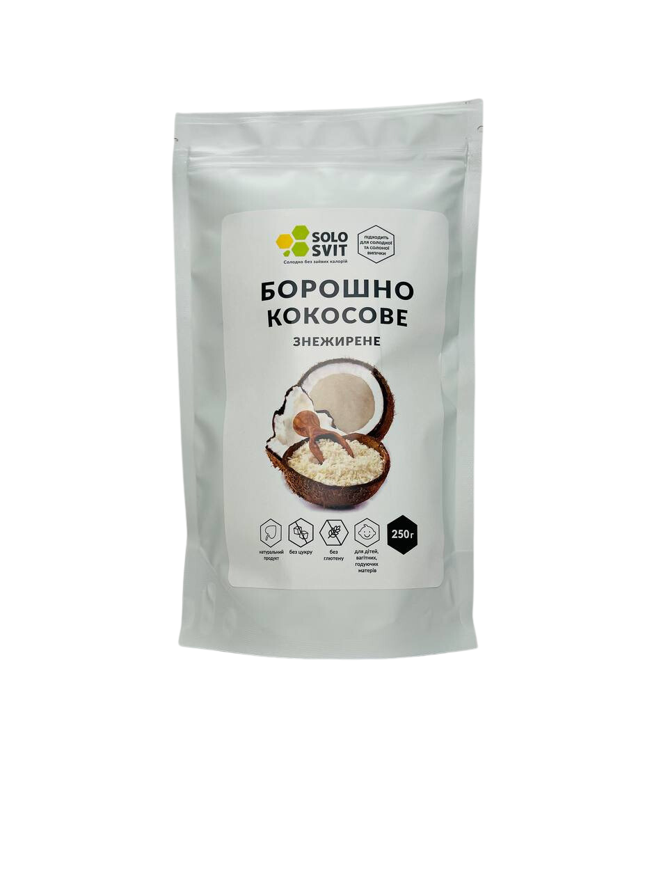 Мука кокосовая обезжиренная SOLO SVIT без глютена и сахара 250 г Мука кокосовая обезжиренная SOLO SVIT без глютена и сахара 250 г