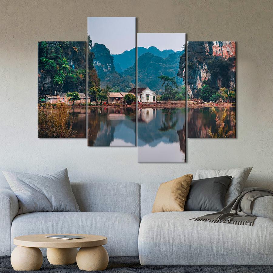 Картина природа Деревня на берегу озера в горах 129x90 см (A1146-4)